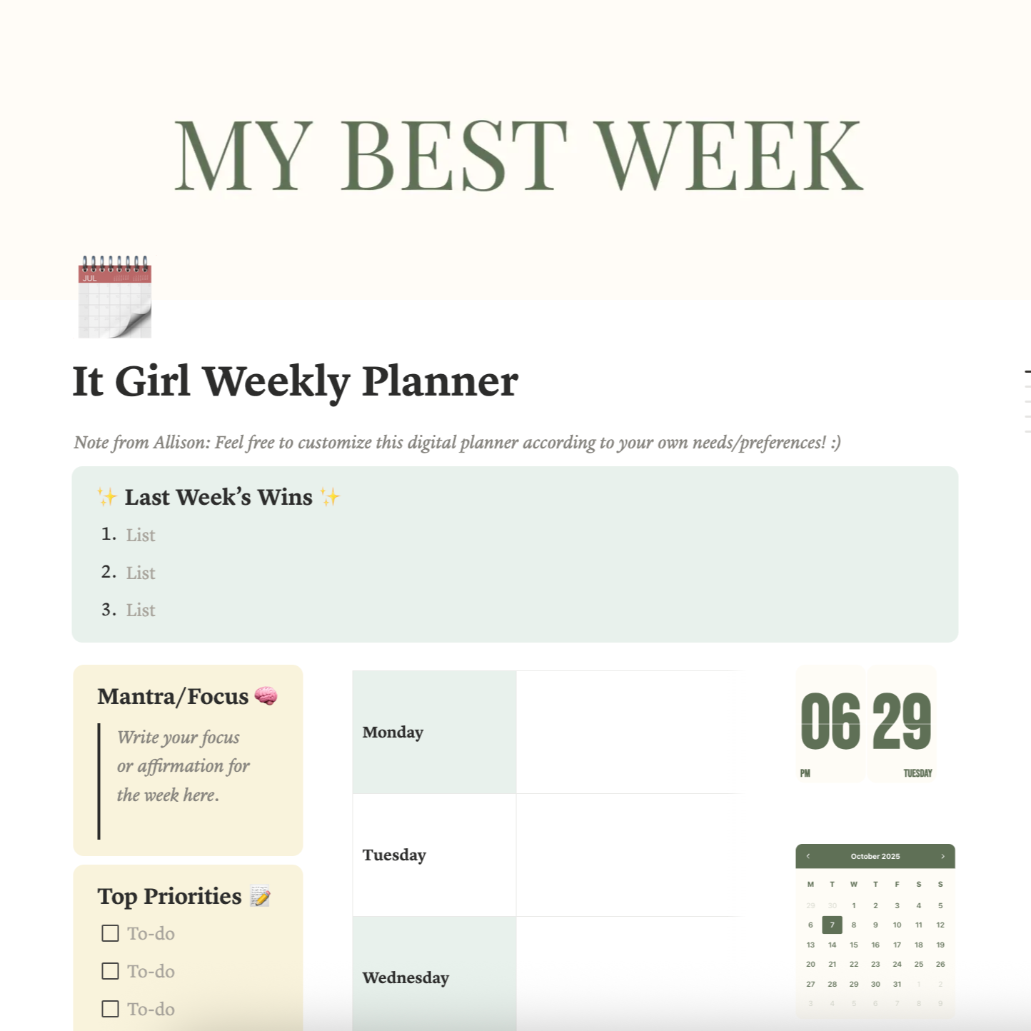 It Girl Weekly Planner (Digital Notion Template)